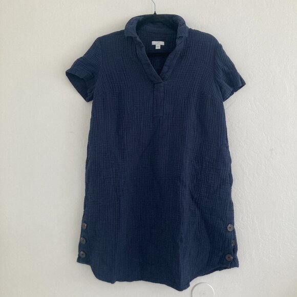 J. Jill Dresses & Skirts - J Jill Gauzy Cotton Shirt Dress Split Neck Navy Blue Beach Coastal Breezy XS